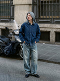 DAXUEN dark blue denim and plaid layered look shirt — model photo
