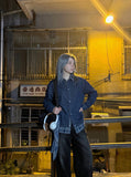 DAXUEN dark blue denim and plaid layered look shirt — model photo