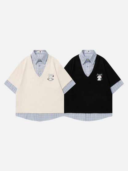 DAXUEN Layered cartoon embroidered V-neck short-sleeved top