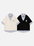 DAXUEN Layered cartoon embroidered V-neck short-sleeved top