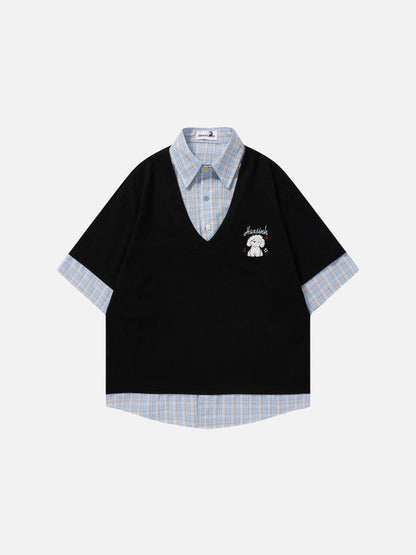 DAXUEN Layered cartoon embroidered V-neck short-sleeved top