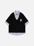DAXUEN Layered cartoon embroidered V-neck short-sleeved top