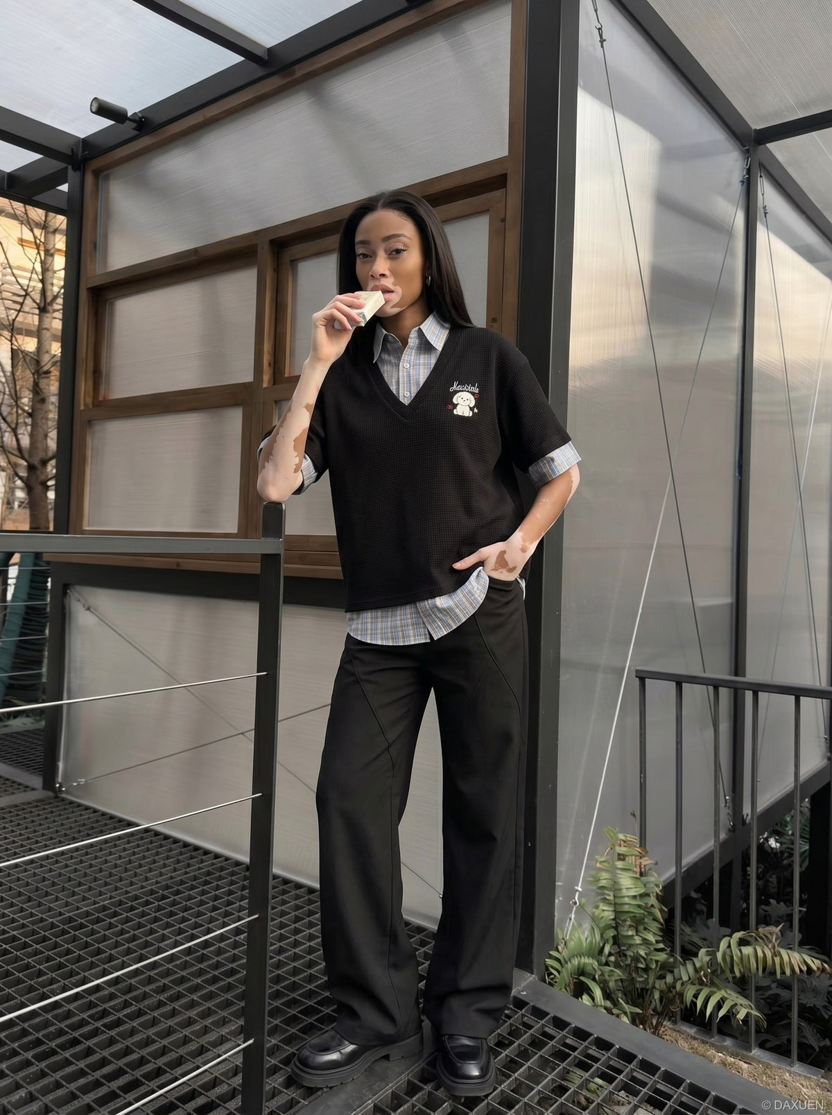 DAXUEN Cartoon Embroidered V-Neck Top | DAXUEN — model photo