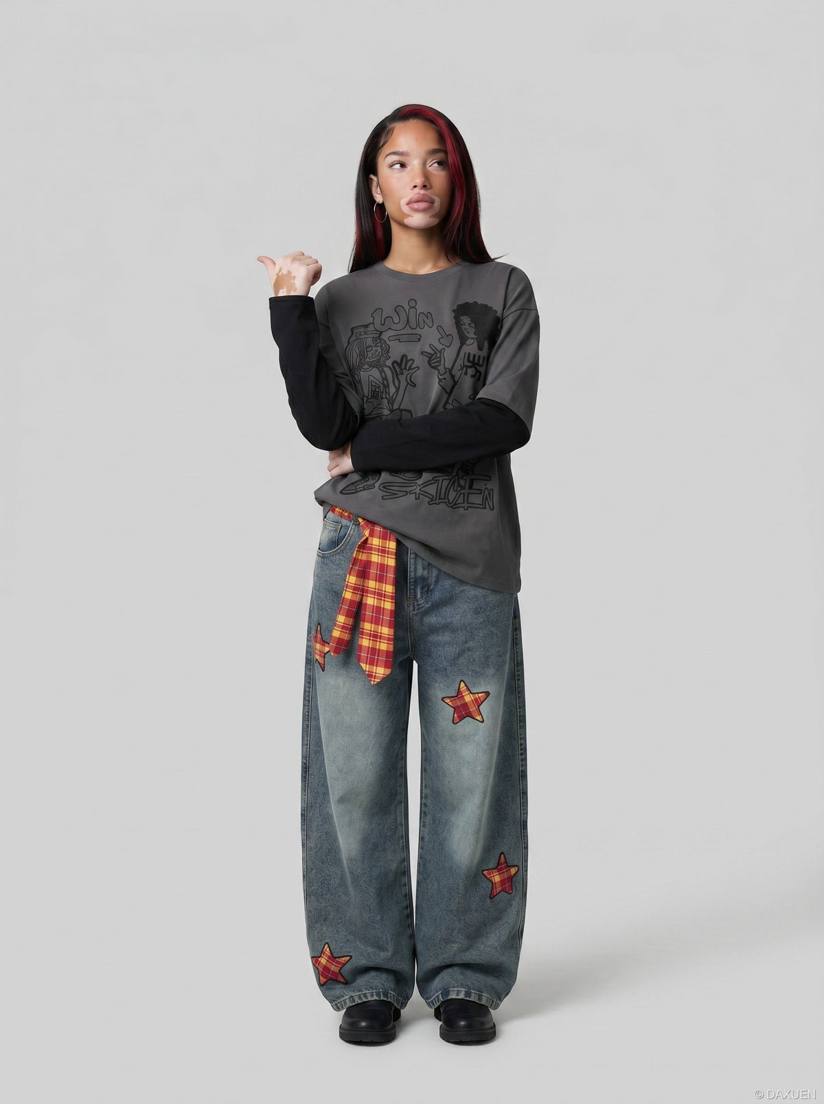 DAXUEN Layered illusion long sleeve t-shirt with contrasting sleeves — model photo