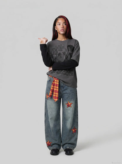 DAXUEN Layered illusion long sleeve t-shirt with contrasting sleeves — model photo