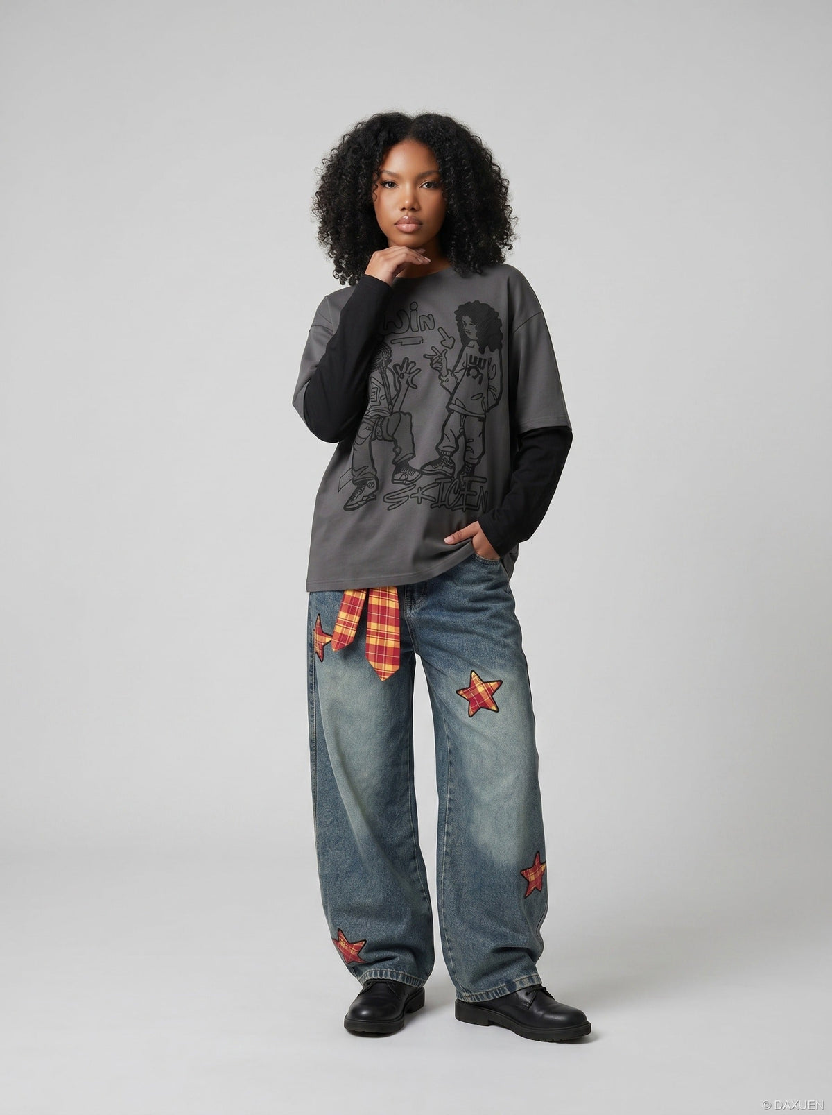 DAXUEN Layered illusion long sleeve t-shirt with contrasting sleeves — model photo