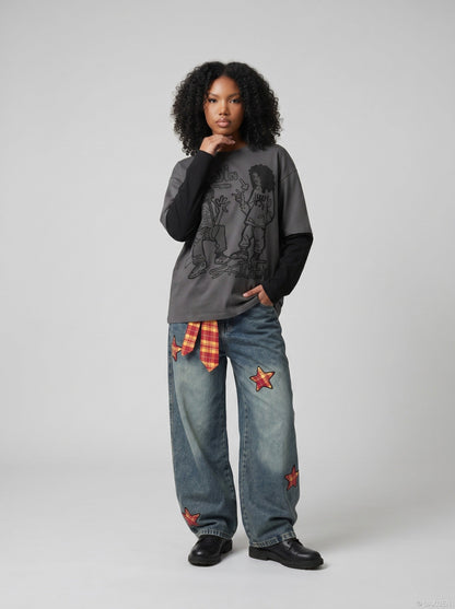 DAXUEN Layered illusion long sleeve t-shirt with contrasting sleeves — model photo