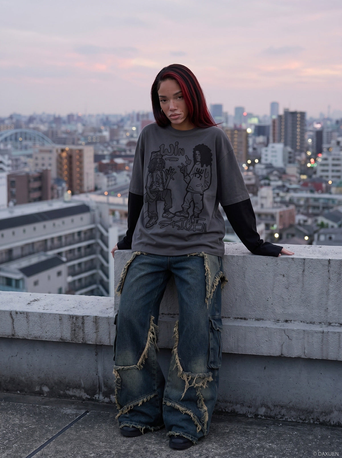 DAXUEN Layered illusion long sleeve t-shirt with contrasting sleeves — model photo