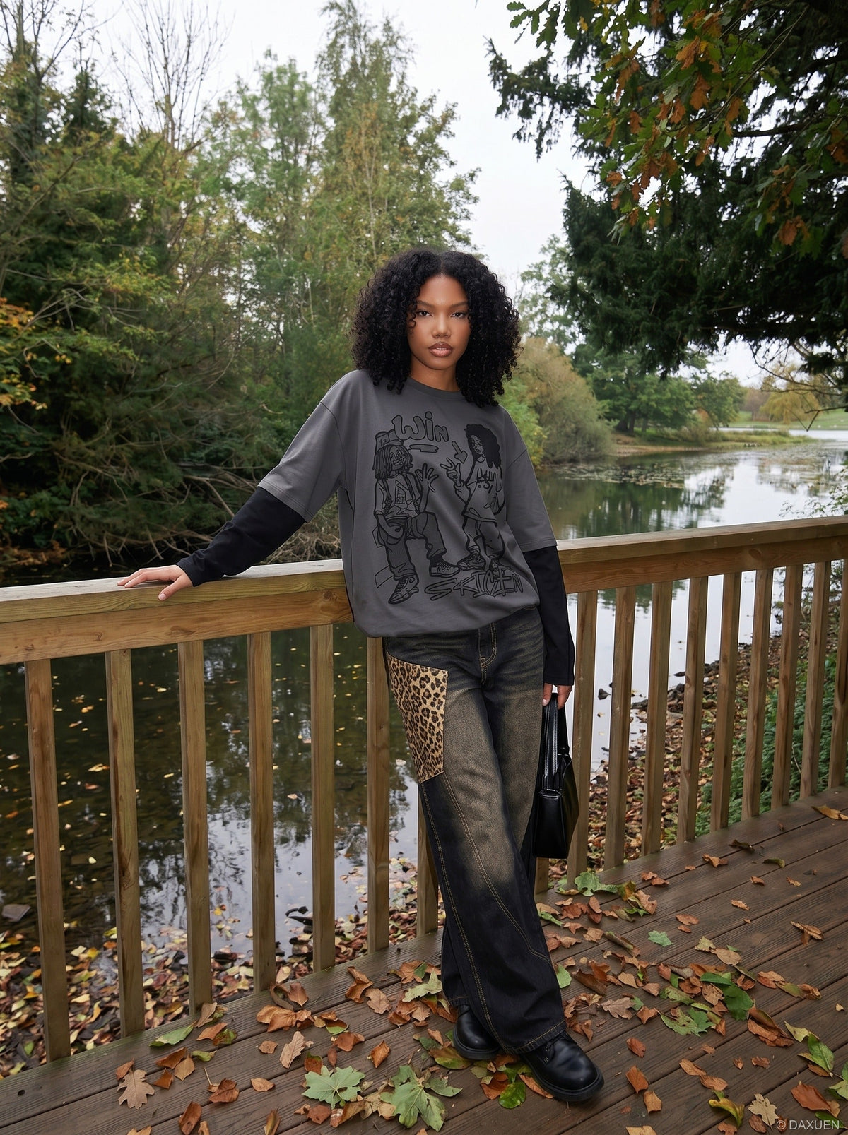 DAXUEN Layered illusion long sleeve t-shirt with contrasting sleeves — model photo