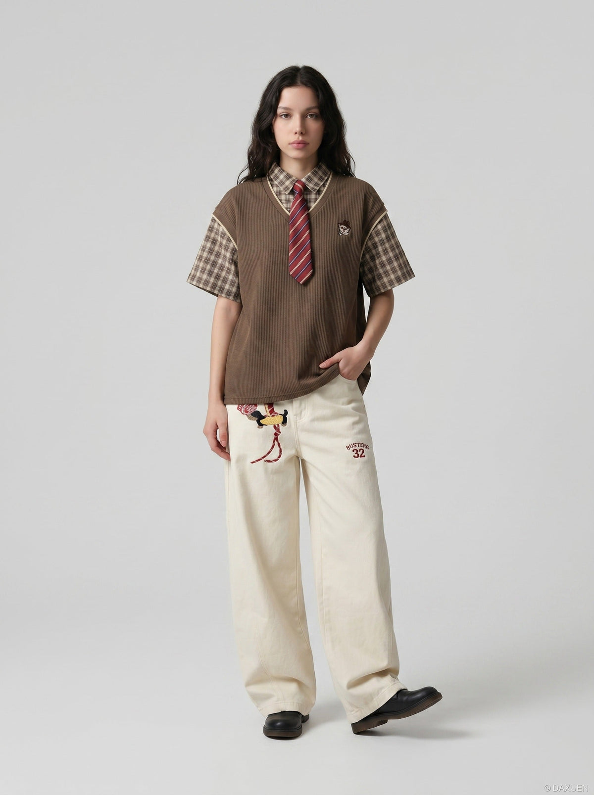 DAXUEN Layered Illusion Plaid Pullover Shirt | DAXUEN — model photo