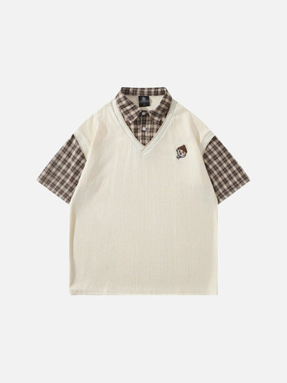 DAXUEN Layered illusion plaid pullover shirt with short sleeves