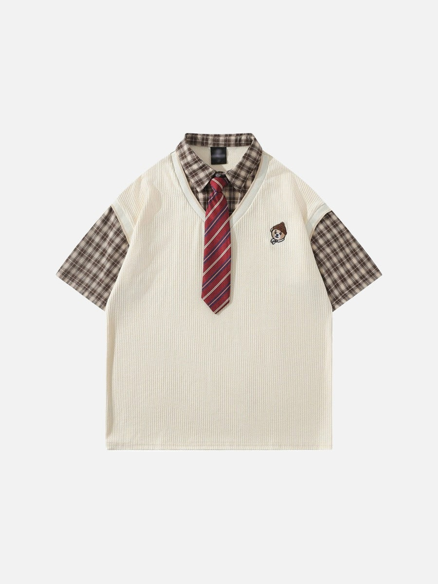 DAXUEN Layered illusion plaid pullover shirt with short sleeves