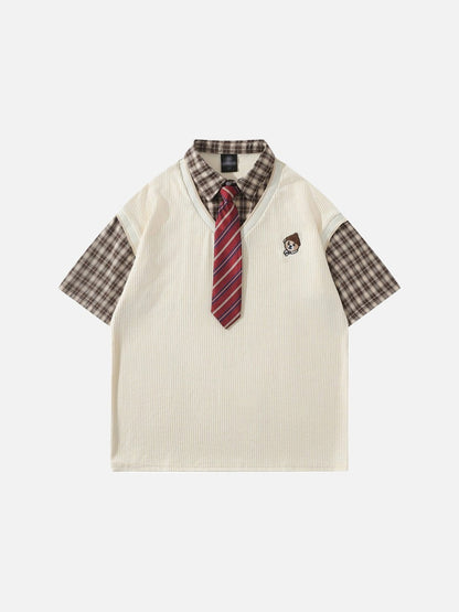 DAXUEN Layered illusion plaid pullover shirt with short sleeves