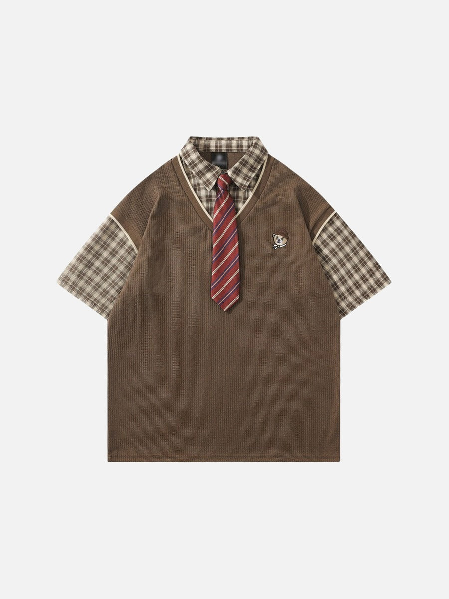 DAXUEN Layered illusion plaid pullover shirt with short sleeves