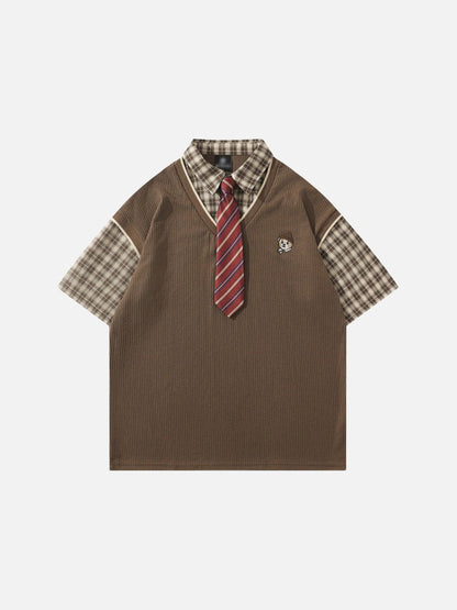 DAXUEN Layered illusion plaid pullover shirt with short sleeves