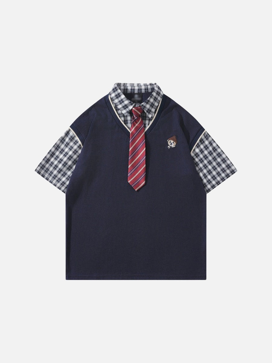 DAXUEN Layered illusion plaid pullover shirt with short sleeves