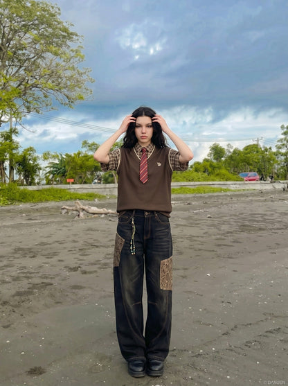 DAXUEN Layered Illusion Plaid Pullover Shirt | DAXUEN — model photo