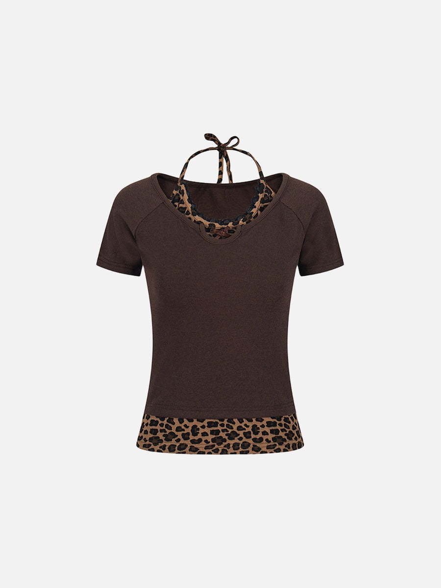 Layered leopard print knit top with V-neck