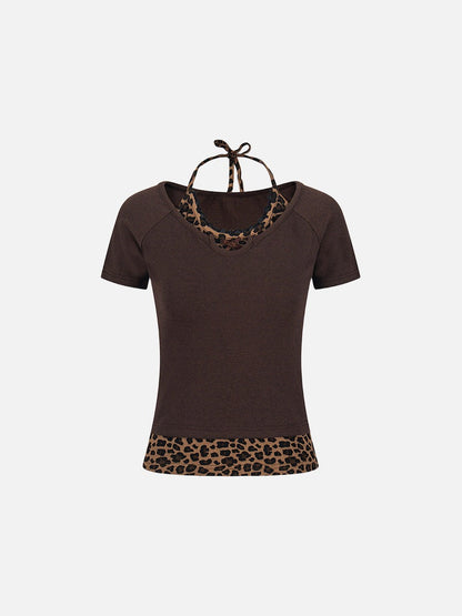 Layered leopard print knit top with V-neck