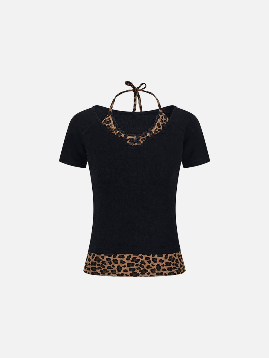 Layered leopard print knit top with V-neck