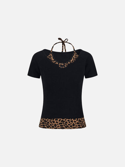 Layered leopard print knit top with V-neck