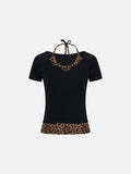 Layered leopard print knit top with V-neck