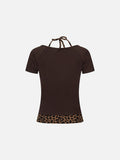 Layered leopard print knit top with V-neck