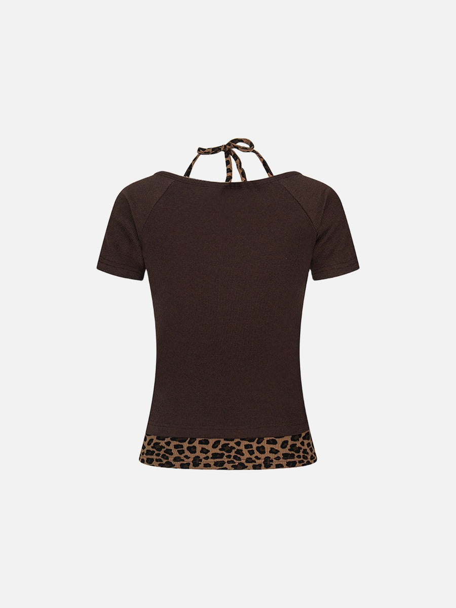 Layered leopard print knit top with V-neck