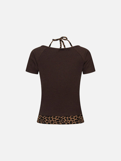 Layered leopard print knit top with V-neck