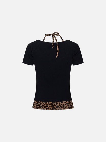 Layered leopard print knit top with V-neck