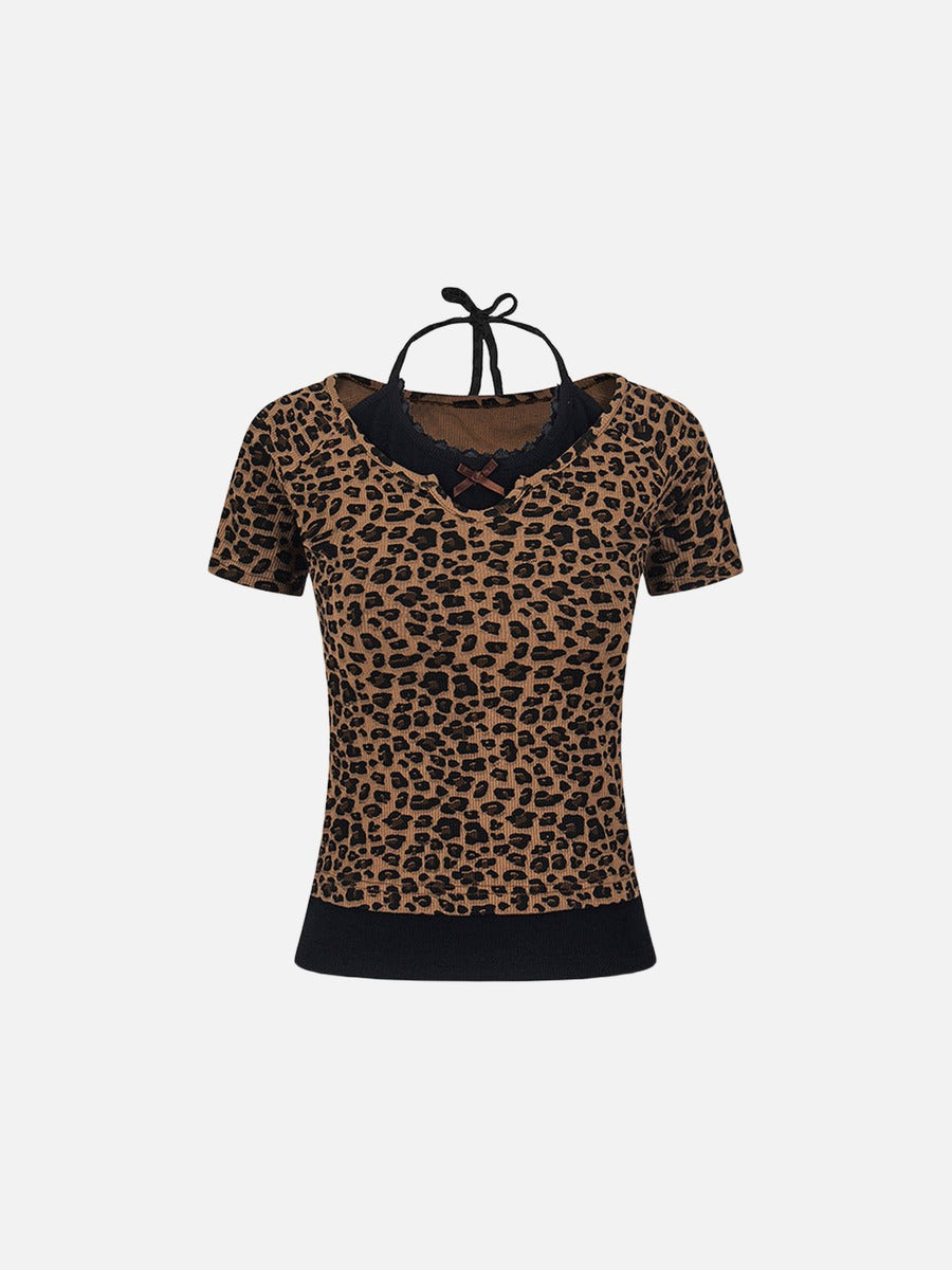 Layered leopard print knit top with V-neck