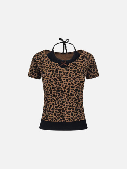 Layered leopard print knit top with V-neck