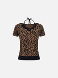 Layered leopard print knit top with V-neck
