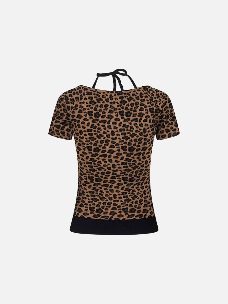 Layered leopard print knit top with V-neck