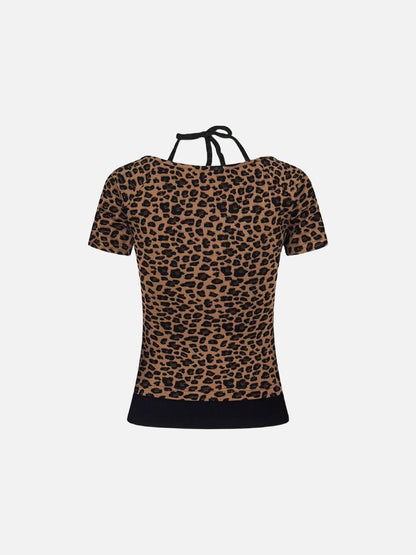 Layered leopard print knit top with V-neck
