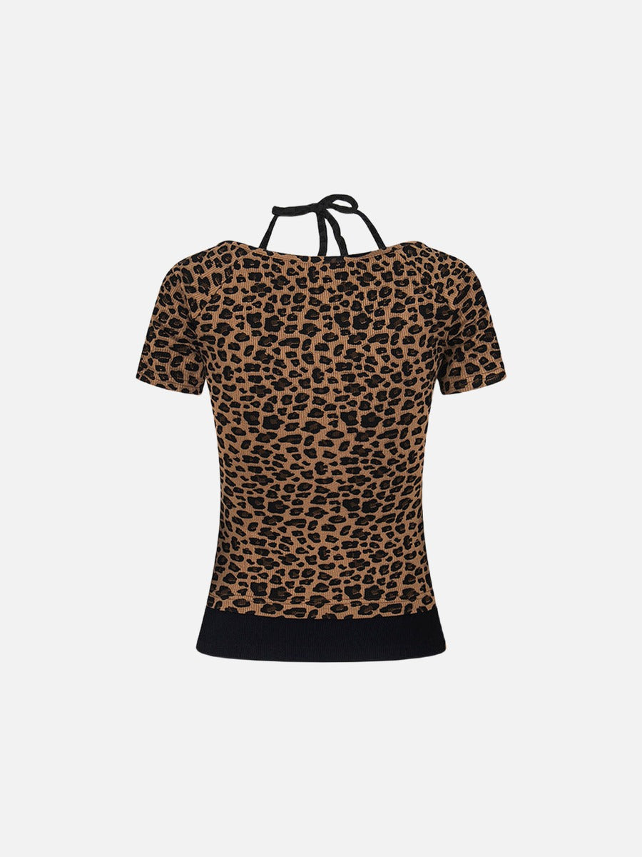 Layered leopard print knit top with V-neck