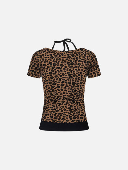 Layered leopard print knit top with V-neck