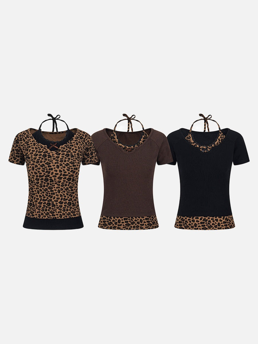 Layered leopard print knit top with V-neck