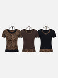 Layered leopard print knit top with V-neck
