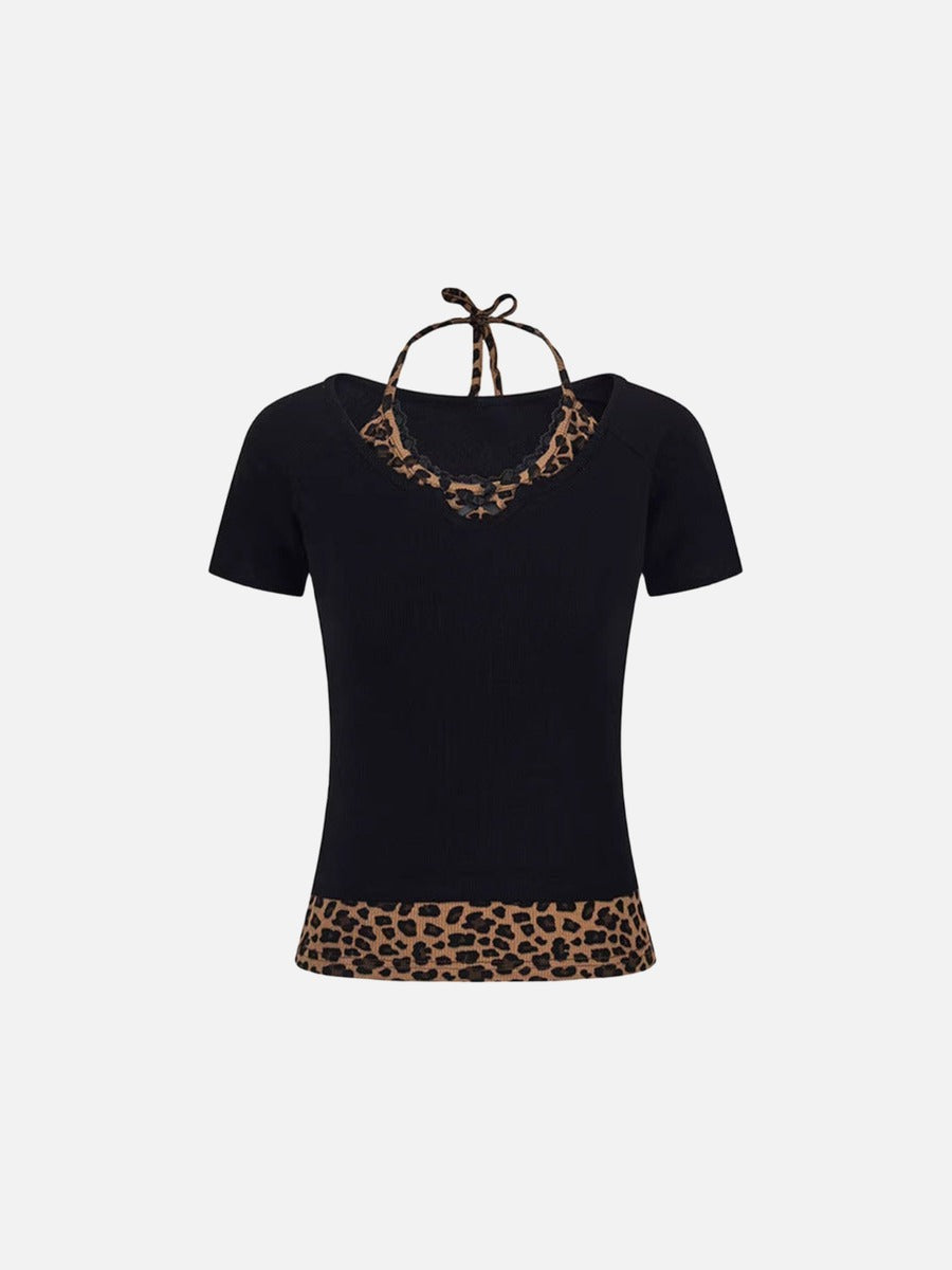 Layered leopard print knit top with V-neck