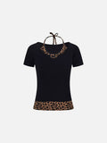 Layered leopard print knit top with V-neck