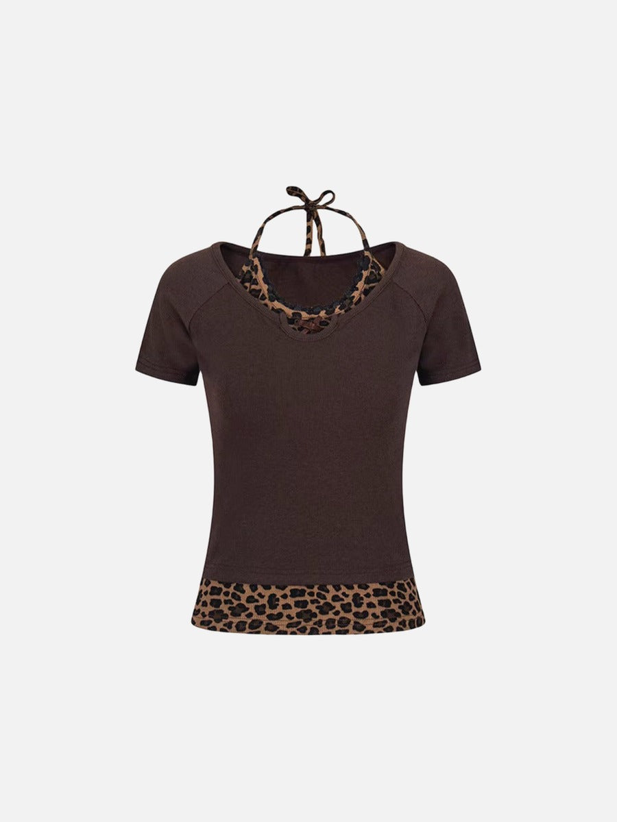 Layered leopard print knit top with V-neck