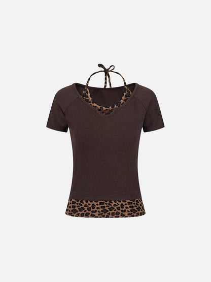 Layered leopard print knit top with V-neck