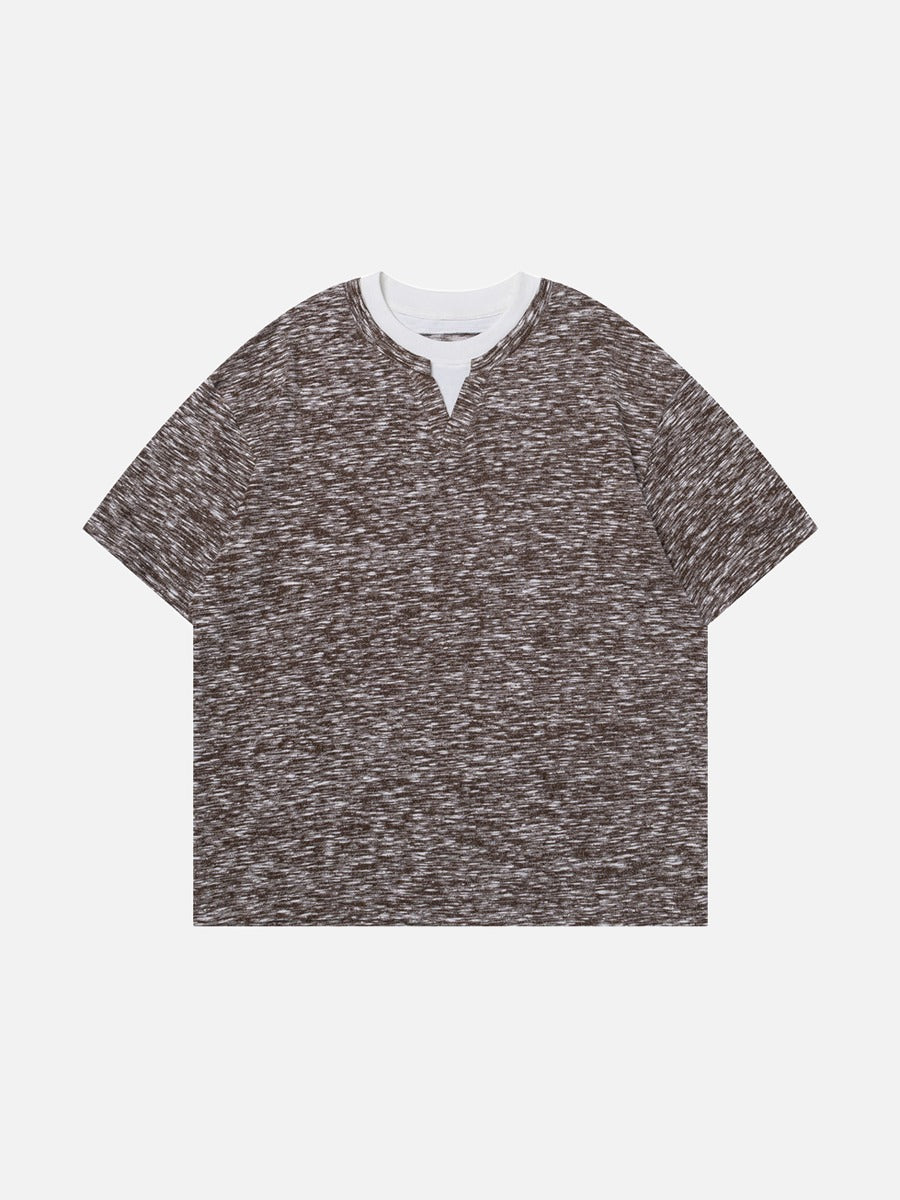 DAXUEN Layered neckline short-sleeved top in heathered fabric