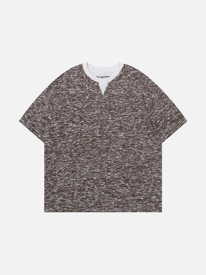 DAXUEN Layered neckline short-sleeved top in heathered fabric