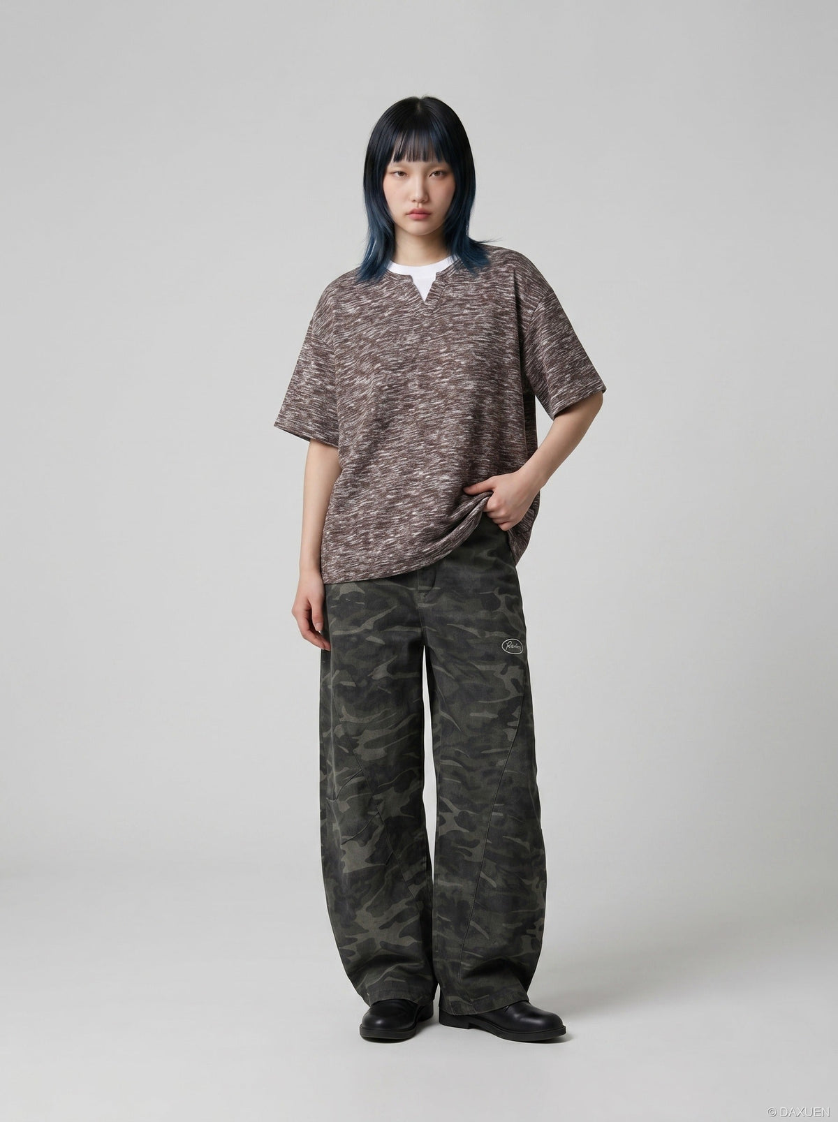 DAXUEN Layered neckline short-sleeved top in heathered fabric — model photo