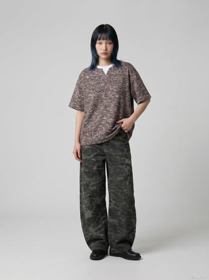 DAXUEN Layered neckline short-sleeved top in heathered fabric — model photo
