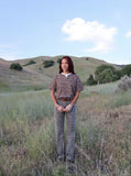 DAXUEN Layered neckline short-sleeved top in heathered fabric — model photo