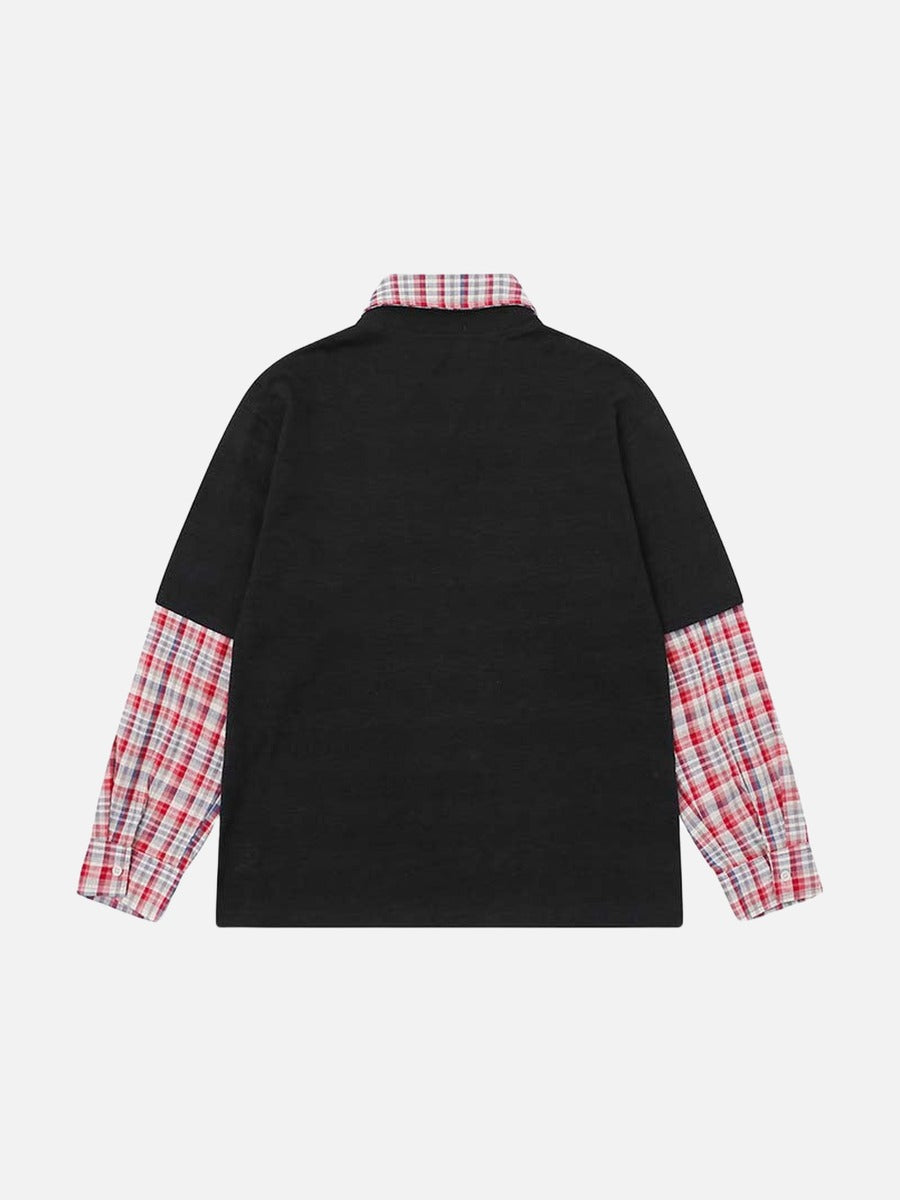 Faux-layered long sleeve plaid top