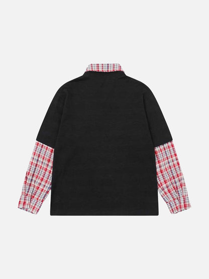 Faux-layered long sleeve plaid top